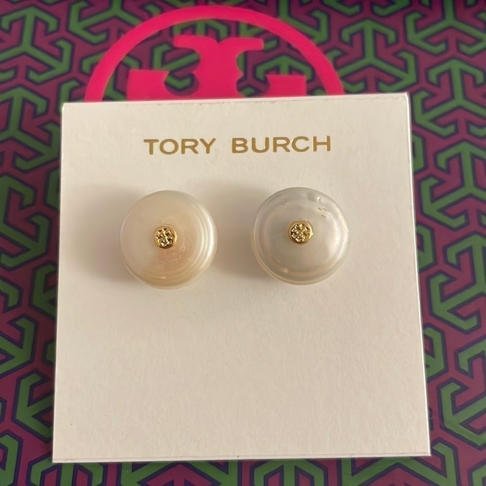 Tory Burch Pearl Resin Dome Stud Earrings Gold Logo Classic Minimal